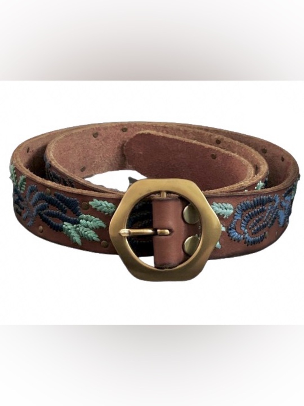 Embroidered Floral LUCKY BRAND Medium Brown Leather Blue Flowers Boho Vintage